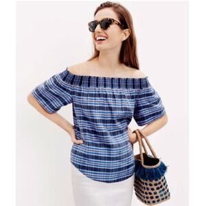 J. Crew Blue, Pink, and White Plaid Off Shoulder Silk Blouse Size 00 / XXS
